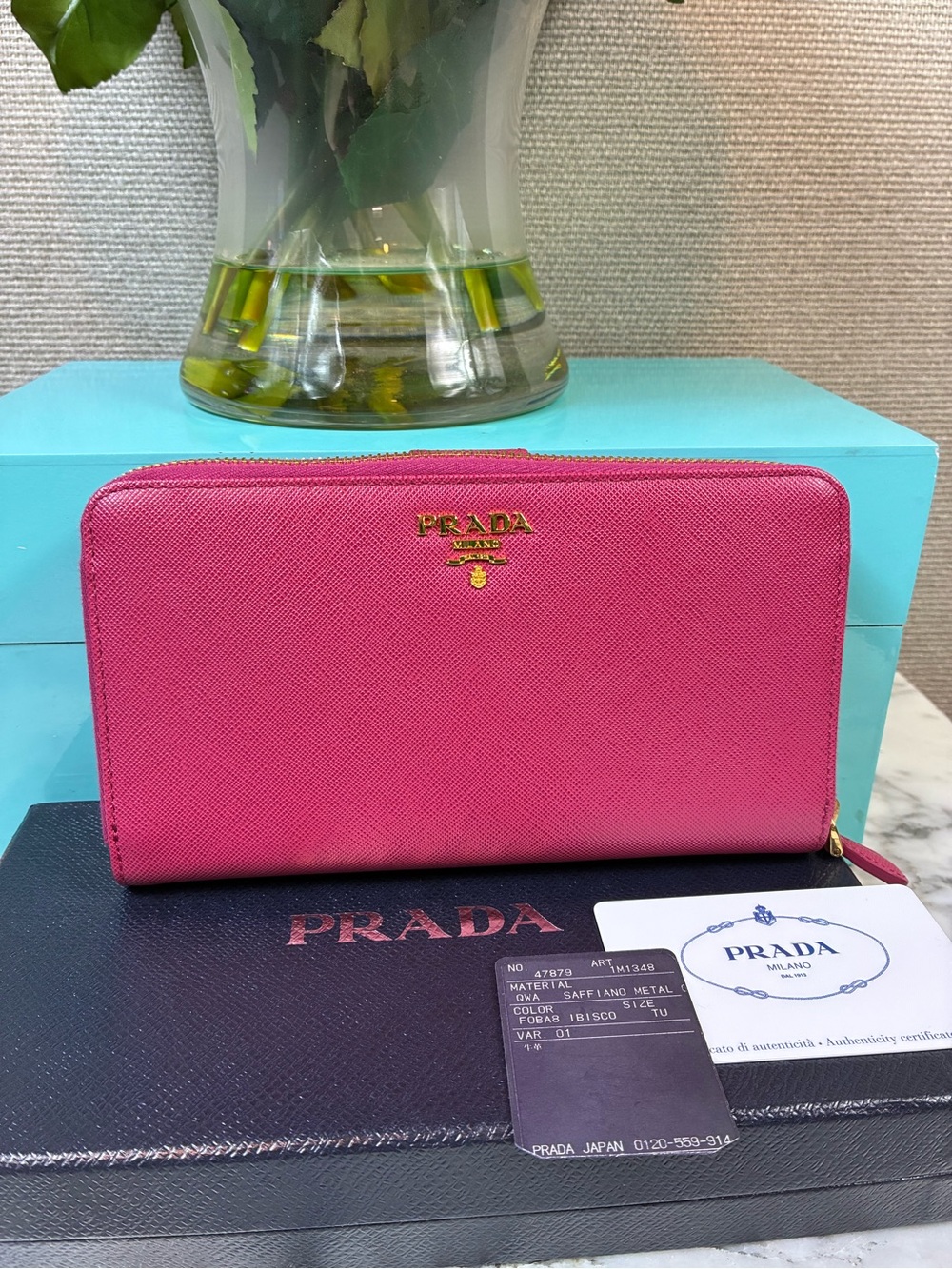 Prada Ibisco Dark Pink Zip Around Wallet w/ Snap Compartment - NWT Authentic